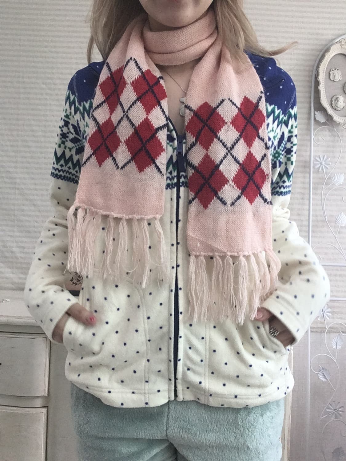 jpn vintage peach pink argyle muffler 상품이미지2