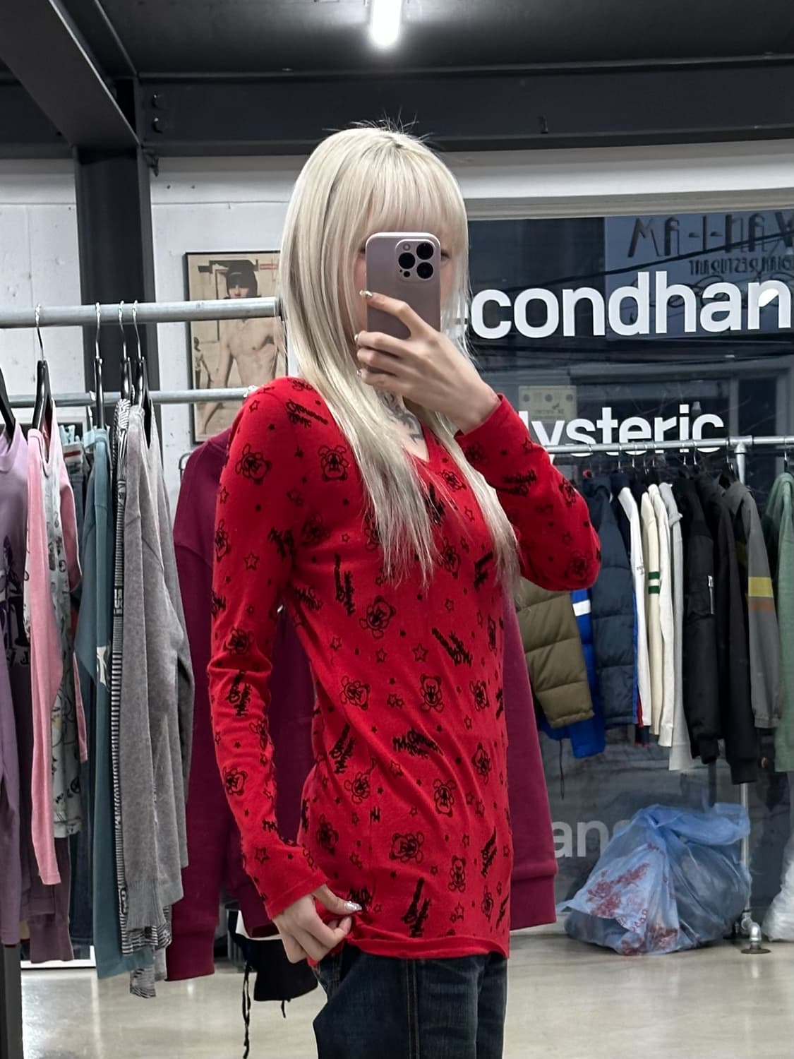 히스테릭 글래머 퍽베어 풀자수 브이넥 니트 롱슬리브 상품이미지3