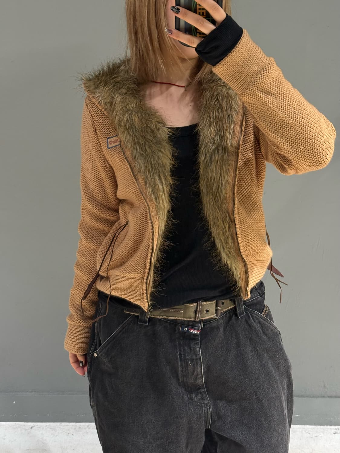 fur trimming point knit hood zip-up  상품이미지2