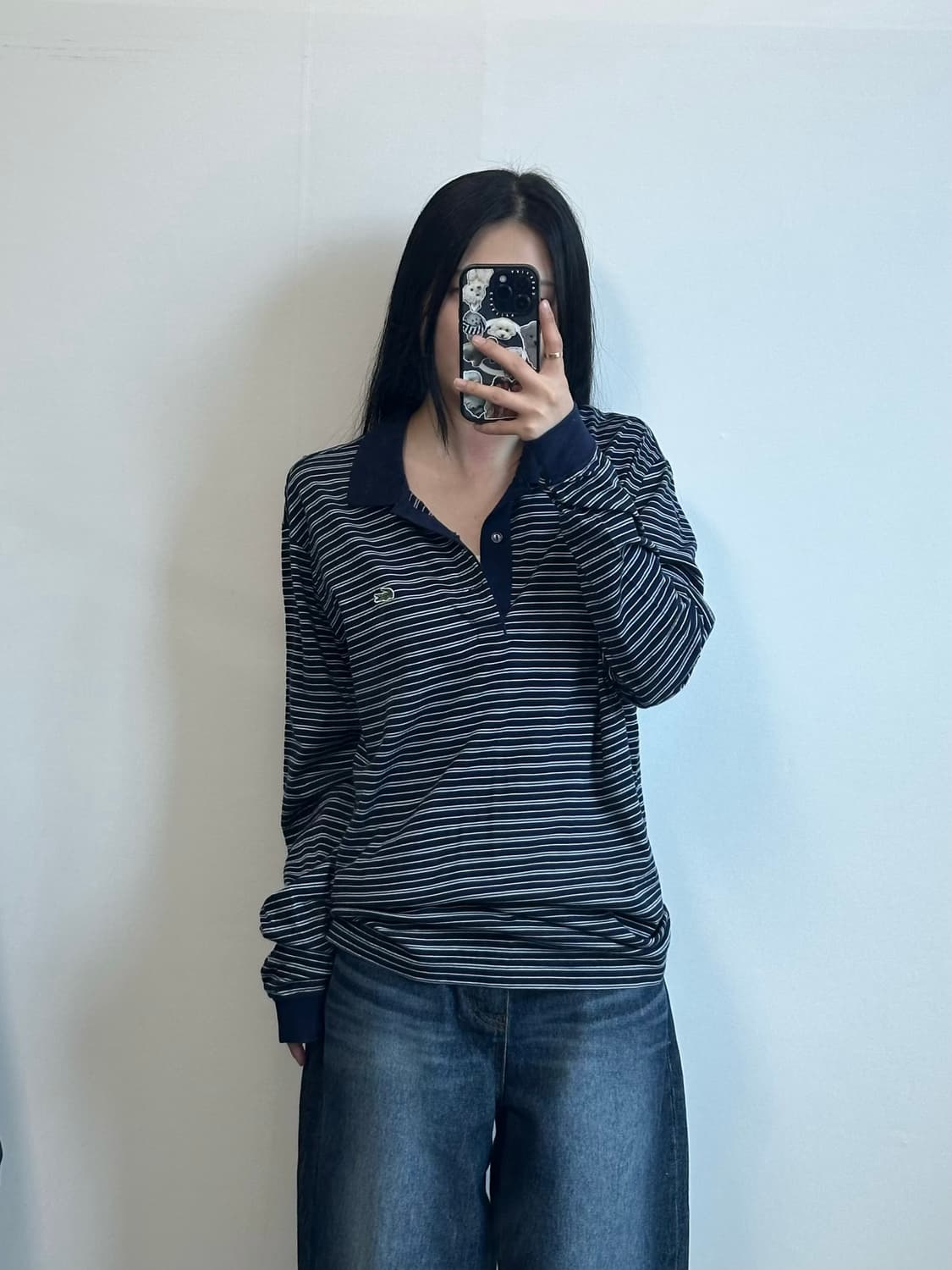 라코스테 자수로고 핀스트라이프 긴팔 카라 티셔츠 상품이미지1