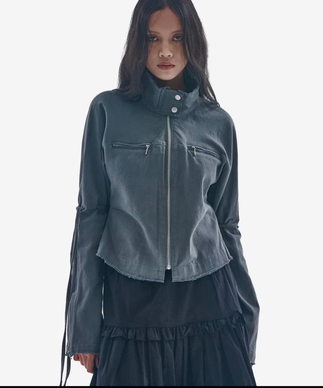 데미지 빈티지 워싱 스트링 라인 코튼 집업 자켓 [차콜] 상품이미지2