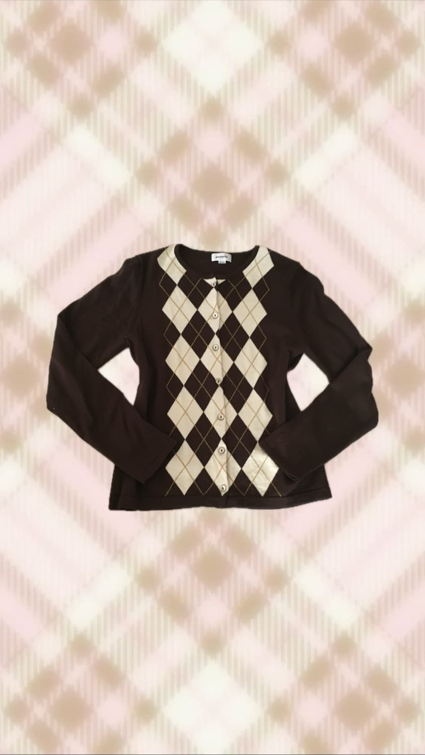 초코 브라운  브라운 아가일 니트 가디건 라떼 히메 갸루 러블리 로걀 상품이미지1