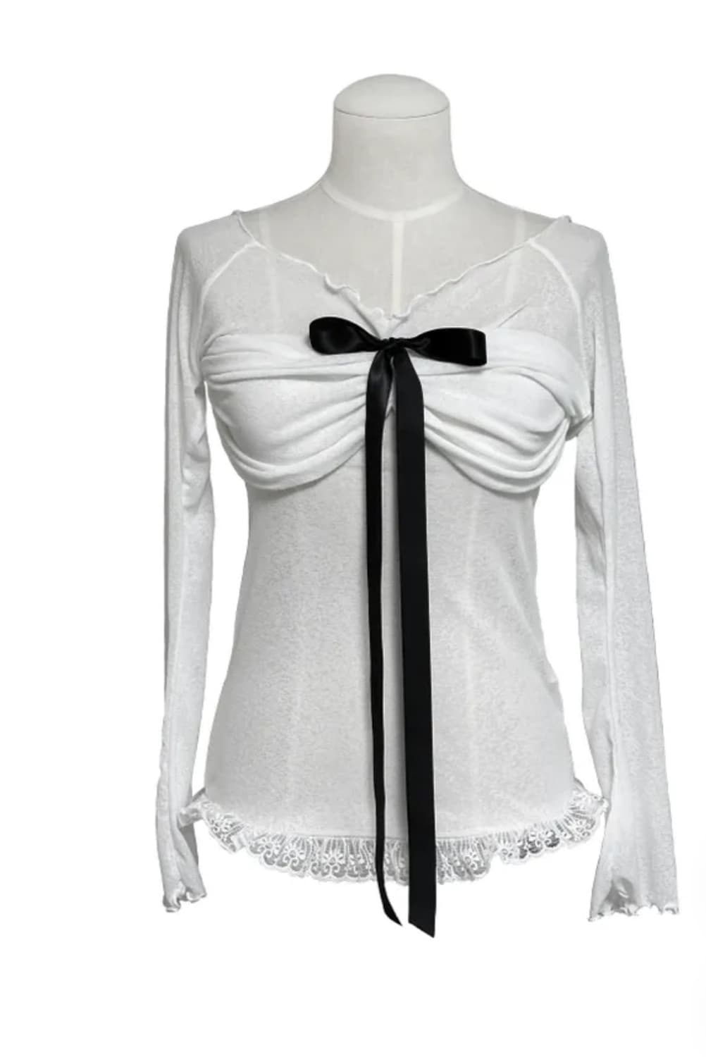 에이블리 시스루 리본 레이스 오프 티 상품이미지2