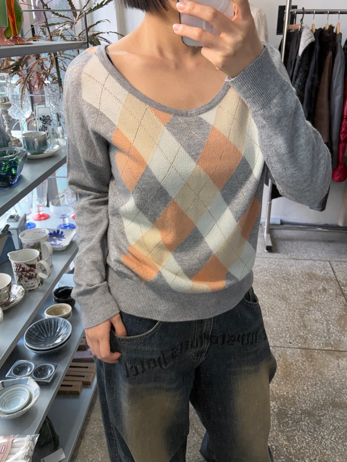 피치 아가일 유넥 니트 상품이미지1