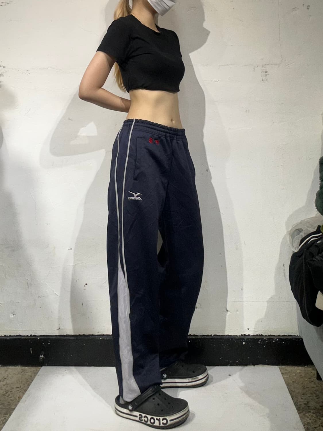 미즈노 네이비 그레이 사이드 라인 와이드 팬츠 M 상품이미지1