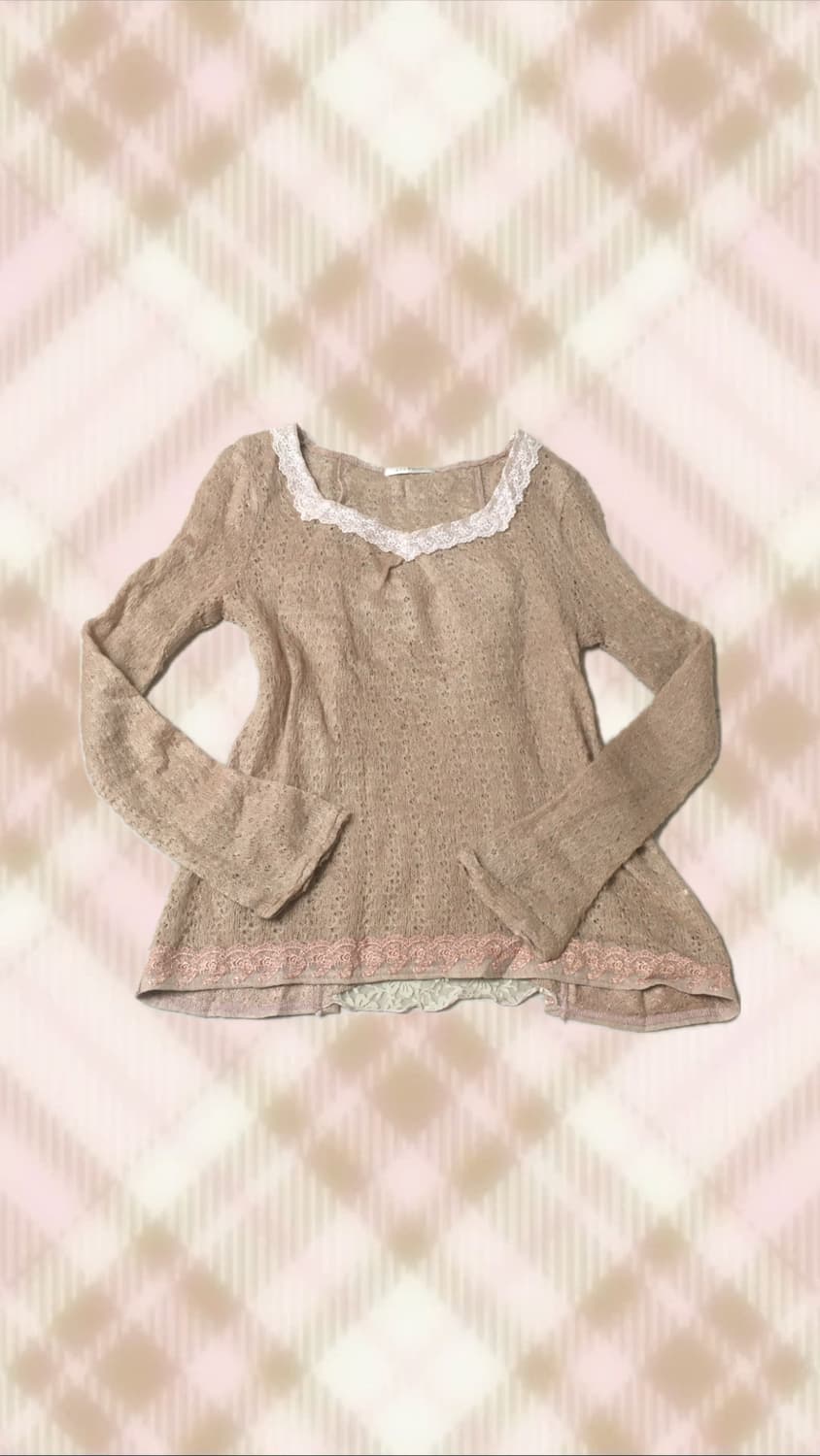 엑시즈팜 핑크 리본 레이스 레이어드 니트 라떼 히메 갸루 러블리 로걀 상품이미지2