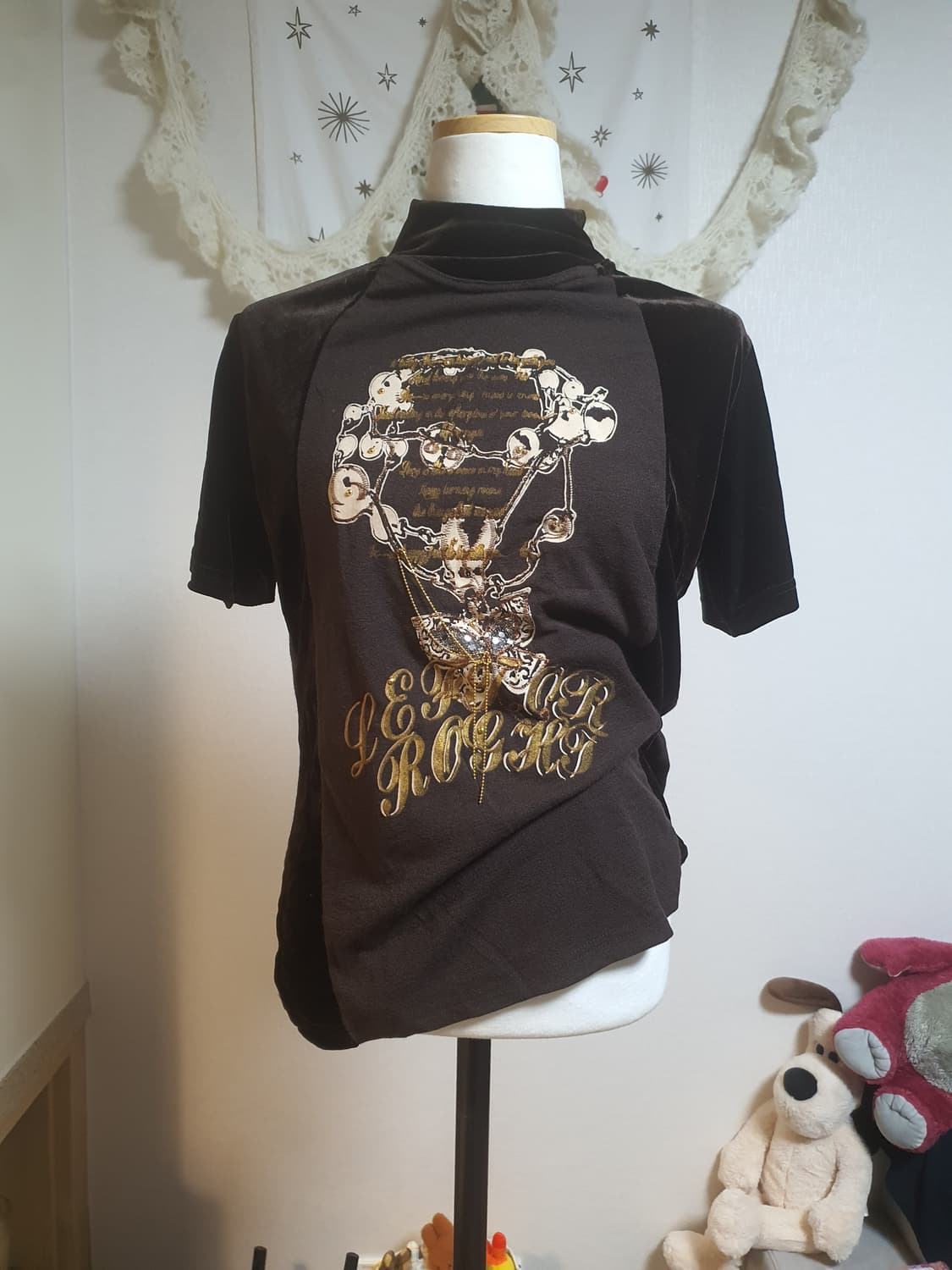 [펑크] 프린팅 벨벳 반팔 티셔츠 브라운 상품이미지1