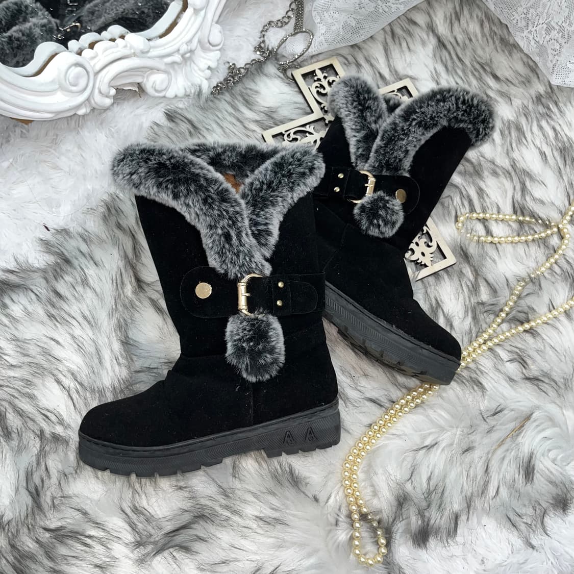 빈티지 블랙 퍼 부츠 상품이미지1