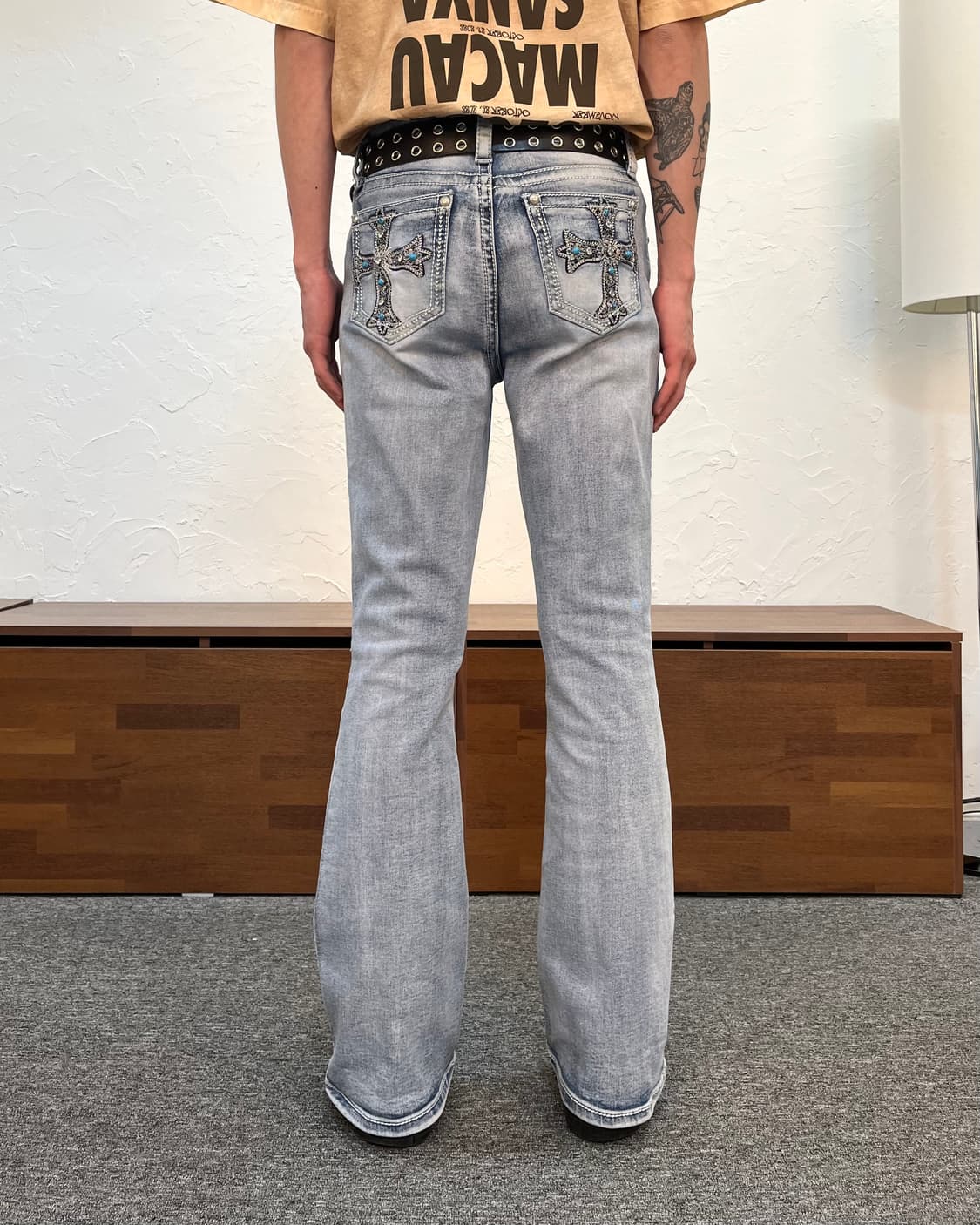 y2k 플레어 크로스 자수 데님 팬츠 상품이미지1