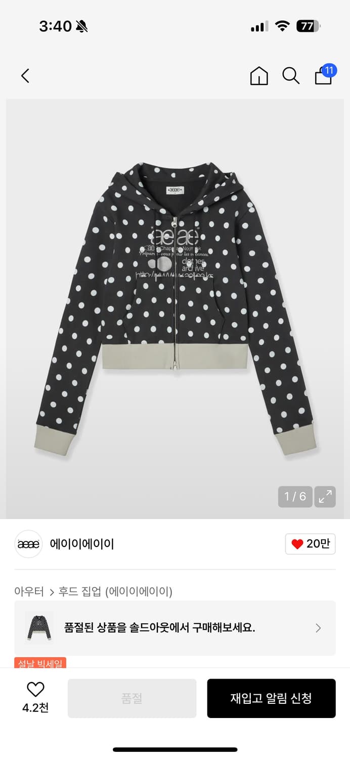 에이이에이이 도트 차콜 후드집업 상품이미지1