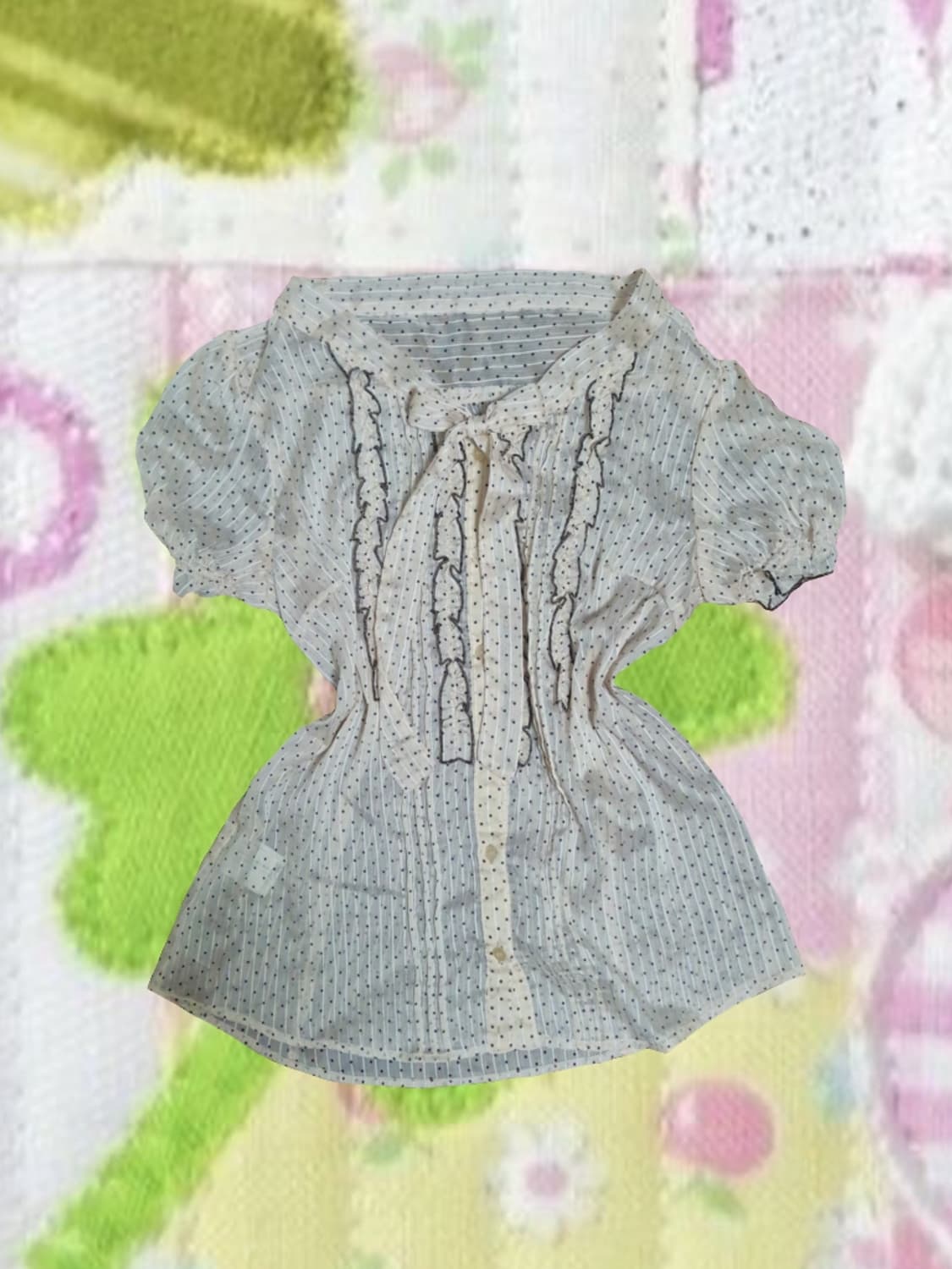 일본 빈티지 도트 프릴 블라우스 반팔 셔츠 딸기우유 핑크 갸루 로걀탑 상품이미지1