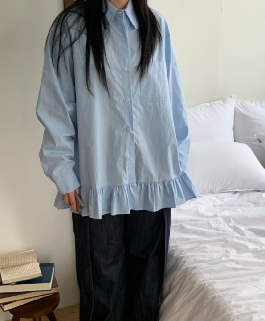 프릴 오버핏 롱 셔츠 상품이미지2