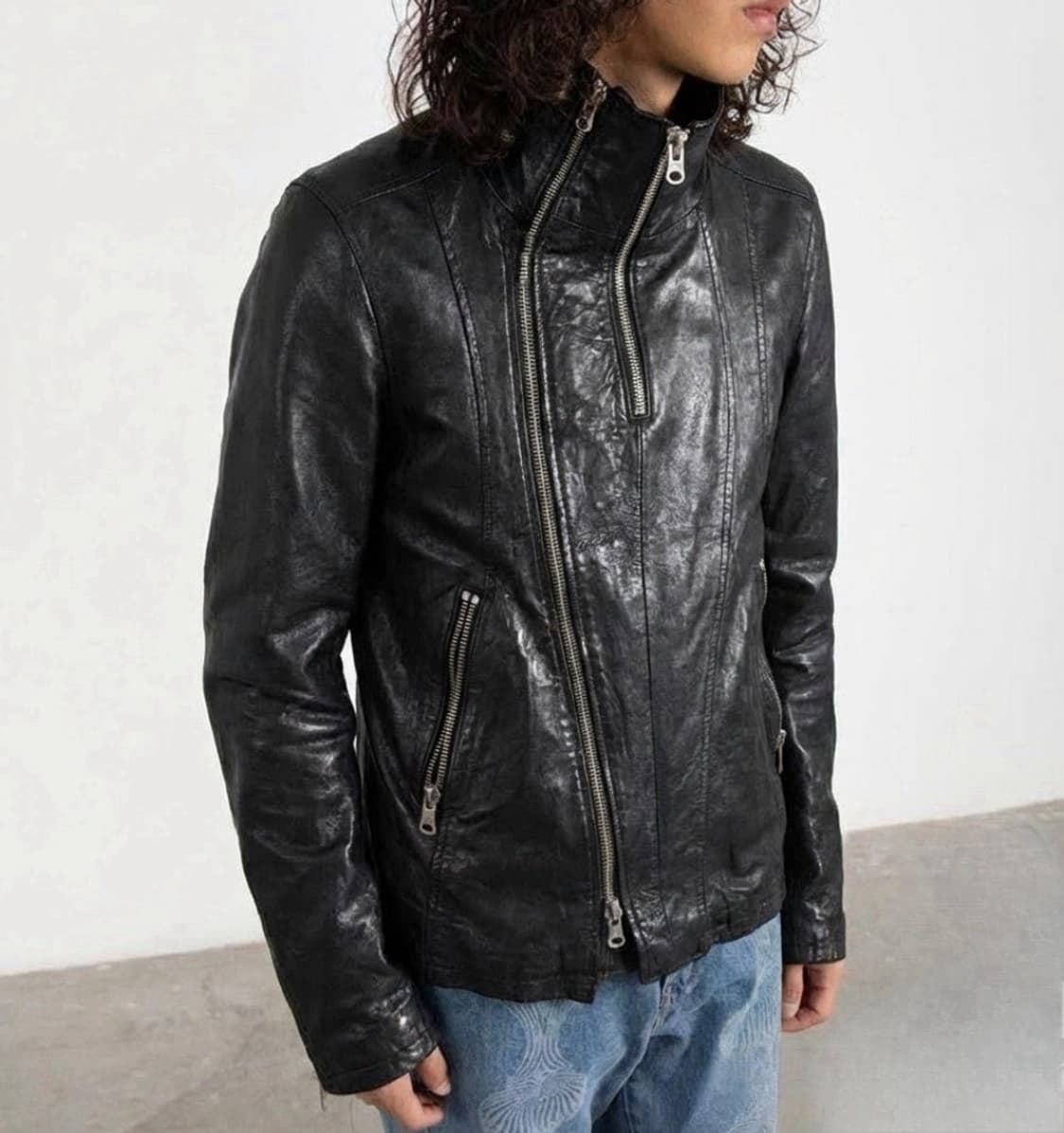 Takeshy Kurosawa 비대칭 더블집업 하이넥 레더 자켓 상품이미지2