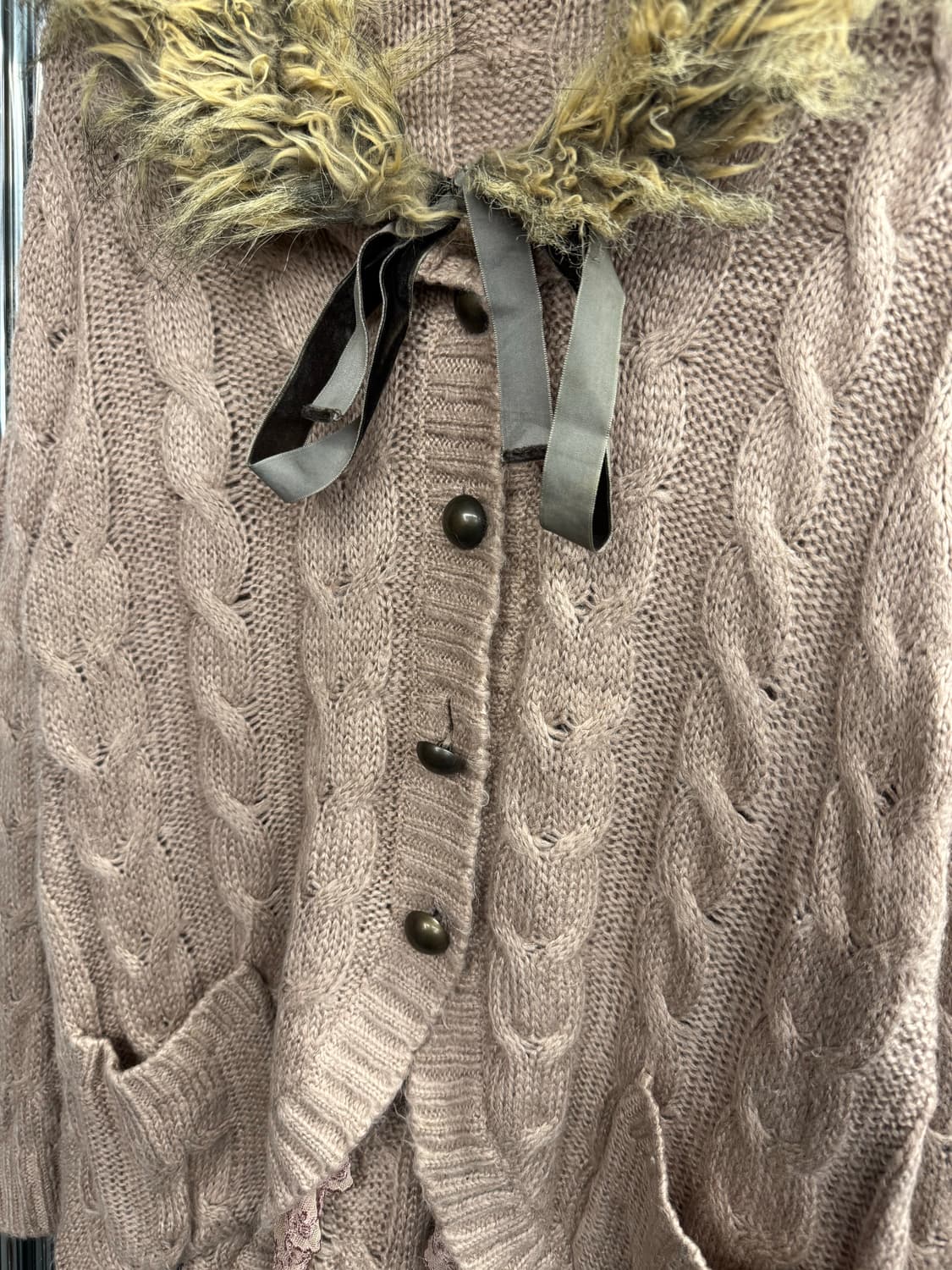 japanese vintage 여성 케이블 니트 퍼 가디건 상품이미지2