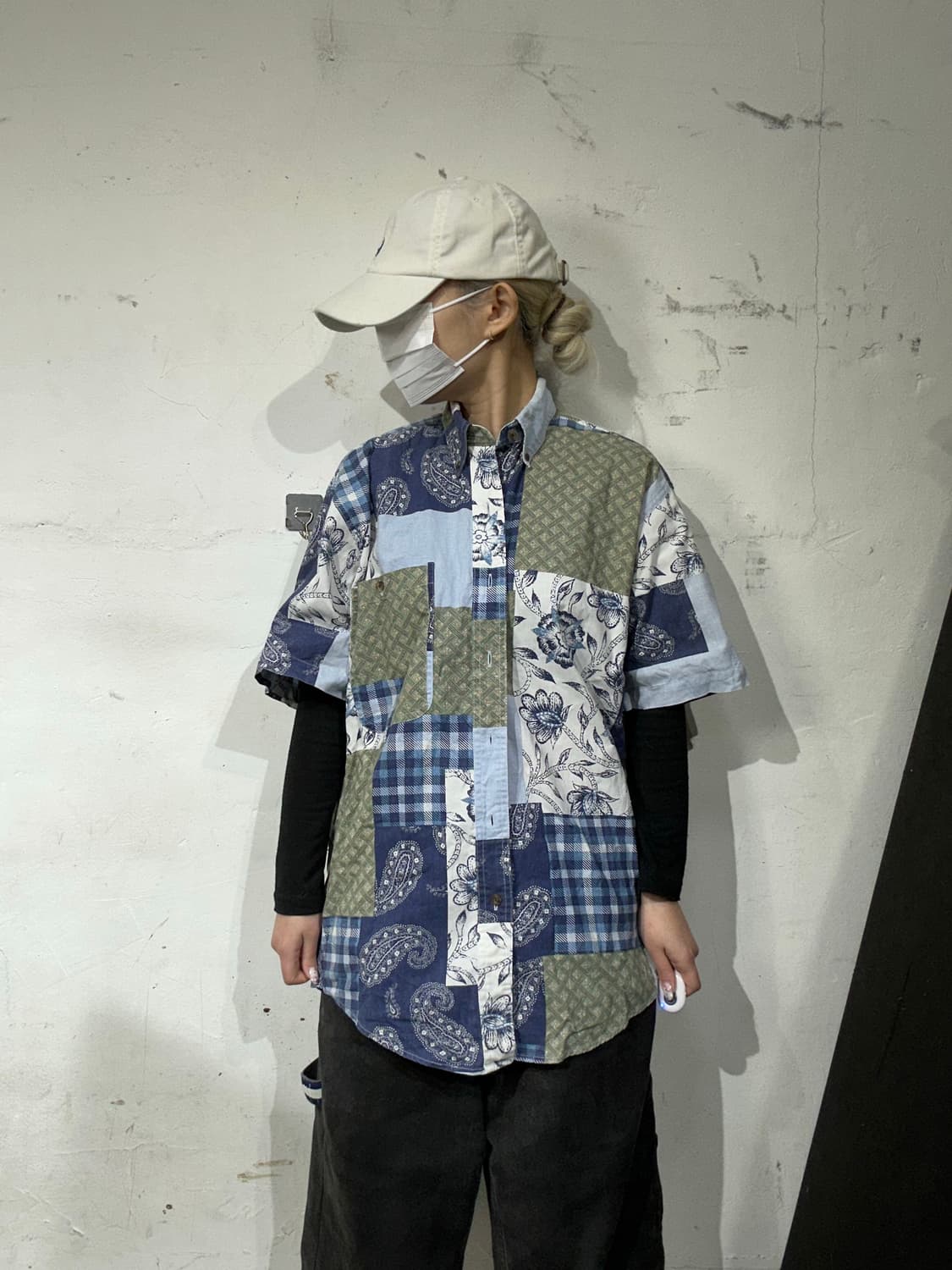 빈티지 블루 패턴 카라 오버핏 반팔티 S 상품이미지2