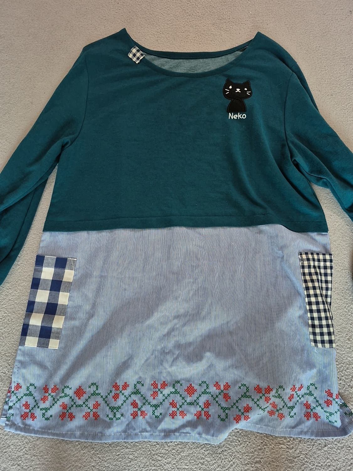 일본빈티지 하나모토 청록 네코 자수 롱 슬리브 상품이미지1