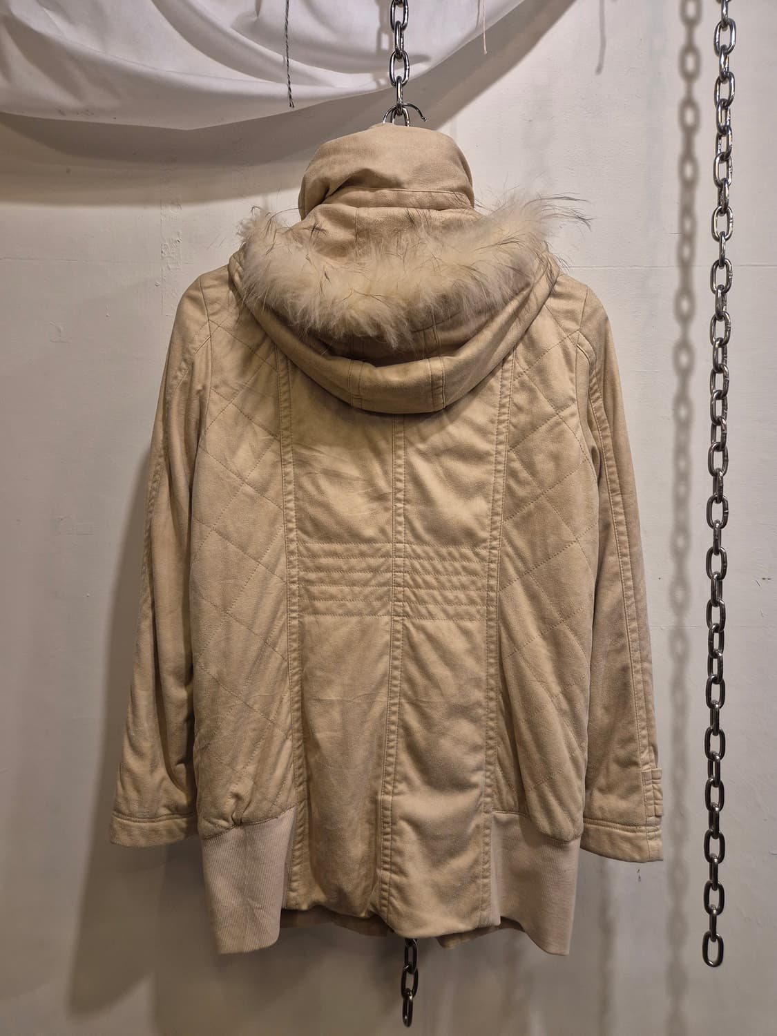 스웨이드 퍼 후드 베이지 투웨이 경량 패딩 자켓 갸루 y2k 상품이미지5