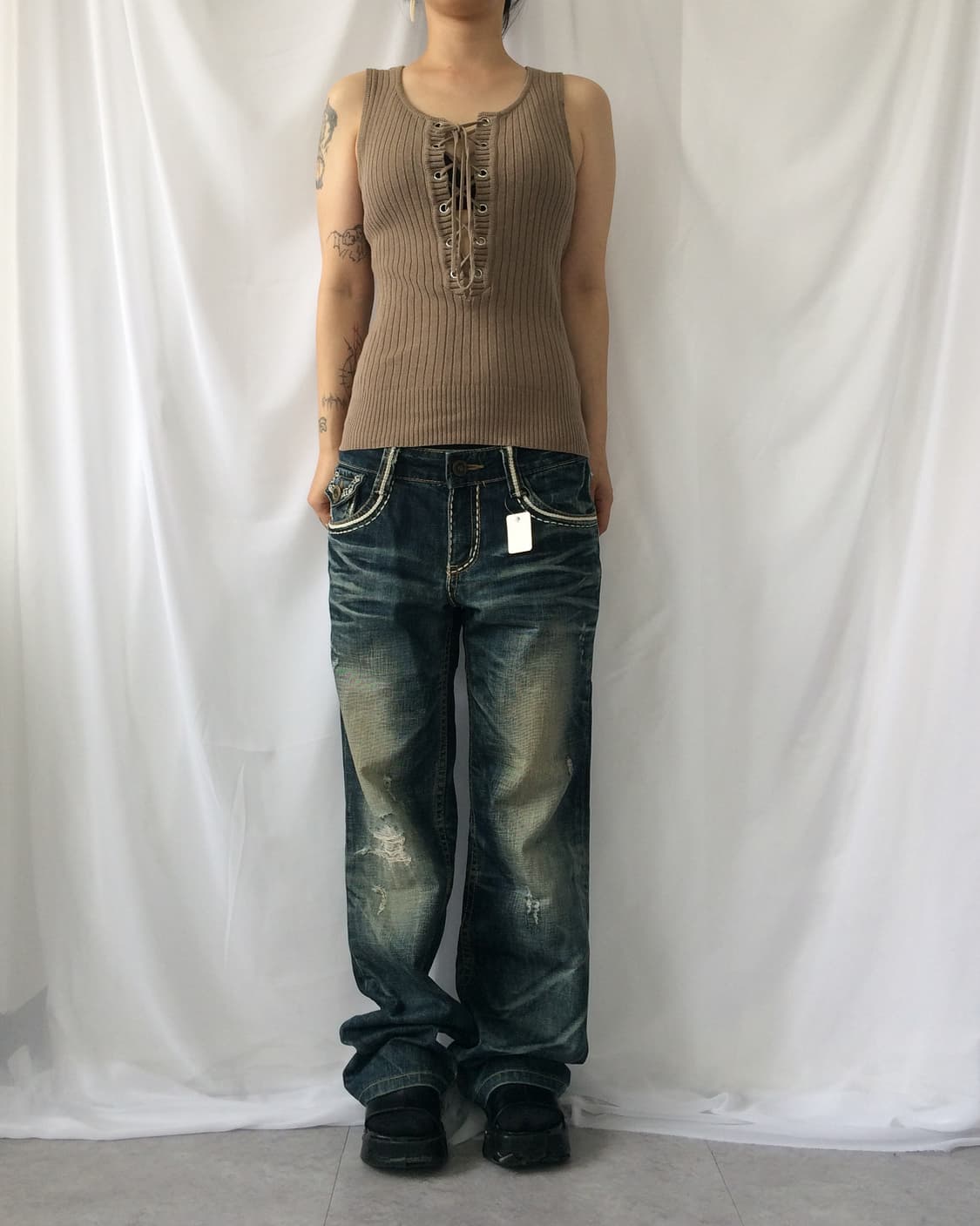 Lace up point ribbed sleeveelss 상품이미지1