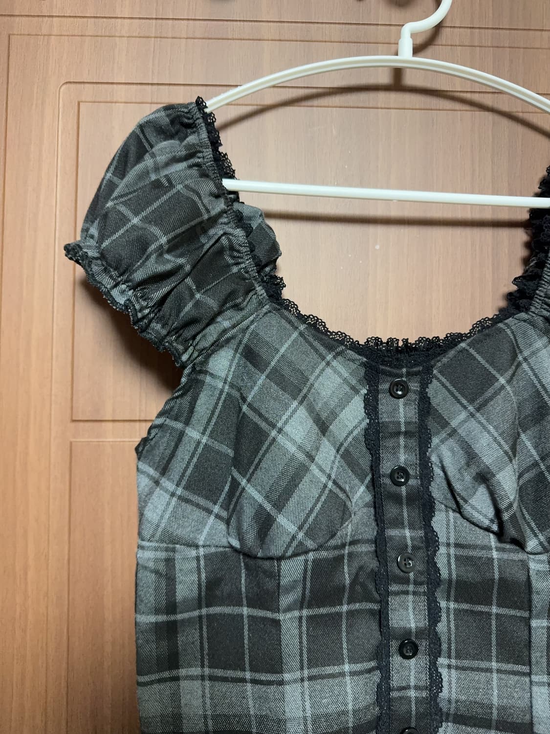 공겜여주 지뢰계 빈티지st 레이스 오프숄더 퍼프소매 체크 블라우스 상품이미지2