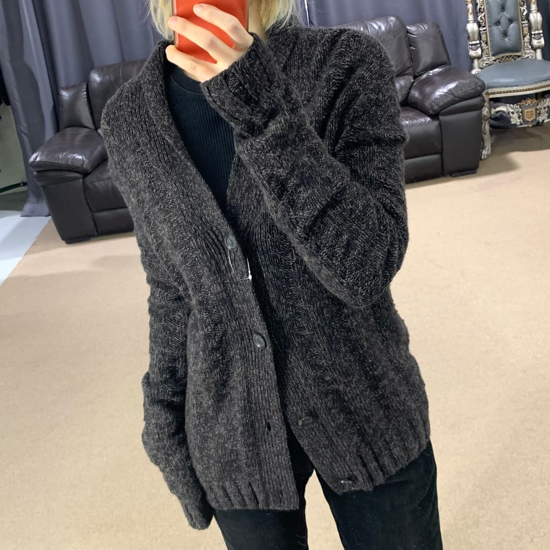 띠어리 싱글버튼 루즈핏 롱니트 가디건 다크브라운 그런지 남녀공용 40 상품이미지3
