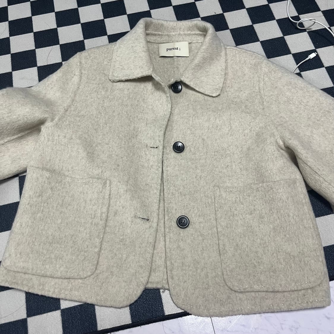 퓨레스트 울 카라 숏 핸드메이드 코트 오트밀 지그재그 에이블리 상품이미지7