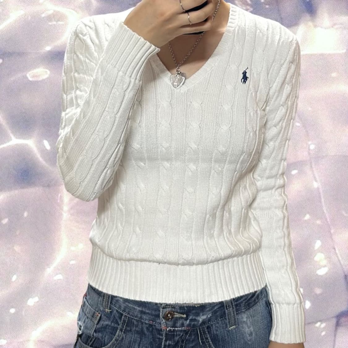 폴로 랄프로렌 신형 큐알 브이넥 꽈배기 니트 화이트 XS 상품이미지1