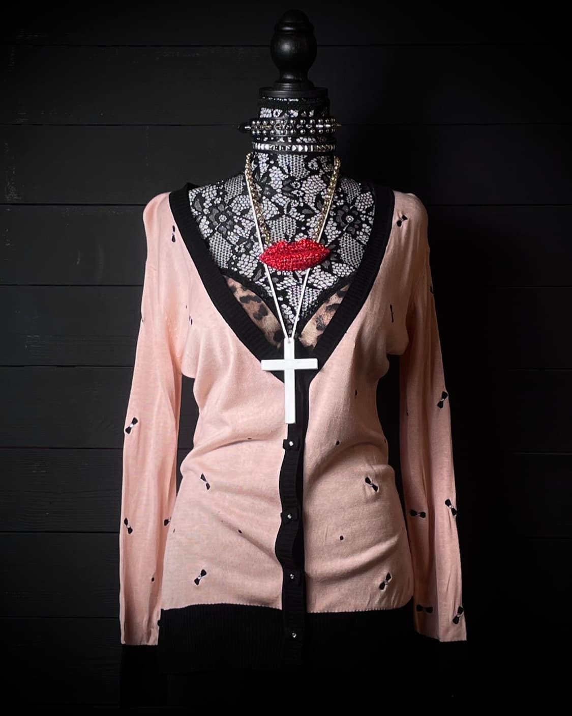 CECIL McBEE 살구색 리본 패턴 리본 버튼 갸루 가디건 상품이미지1