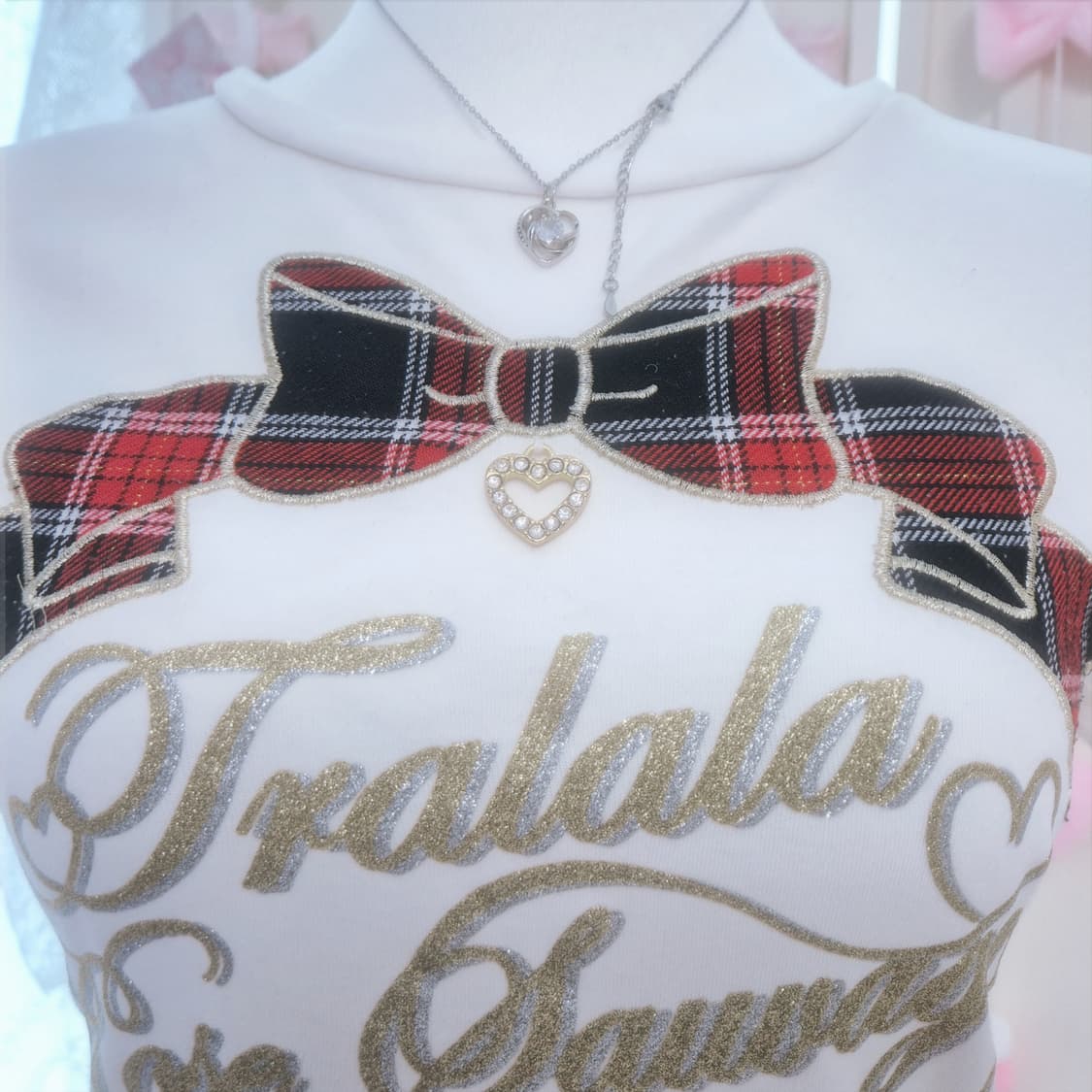 Tralala 트랄라라 체크 리본 하트챰 반팔 티셔츠 헤이세이 오네갸루 상품이미지2