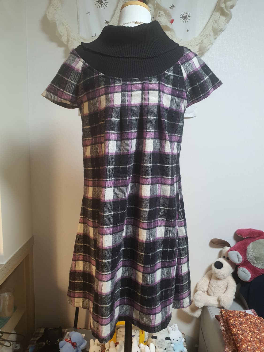 [모리걸] 모직 체크 패턴 반팔 원피스 상품이미지3