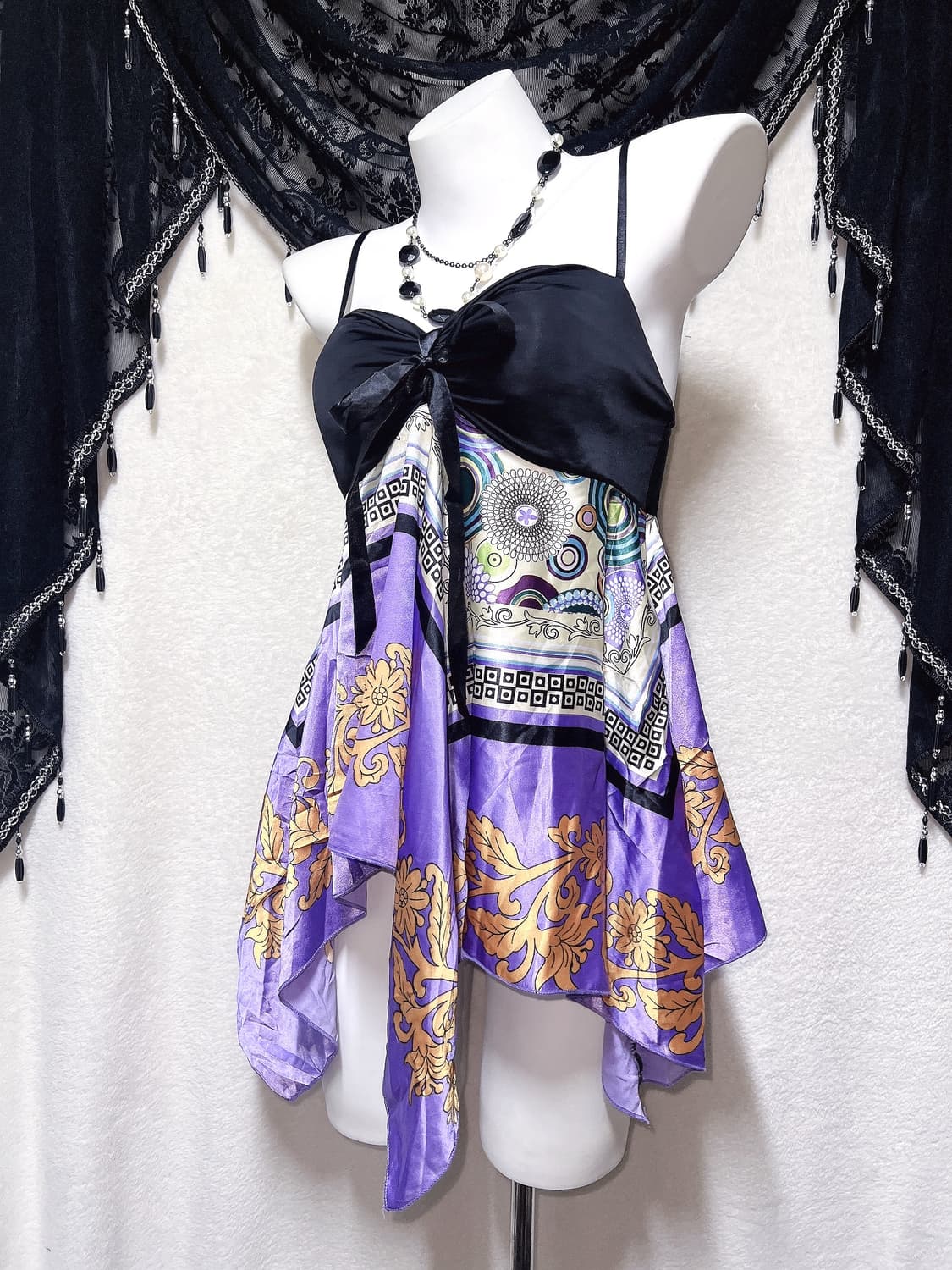 오리엔탈 오네갸루 페어리 패턴 페이즐리 리본 슬리브리스 나시 미니원피스 상품이미지1