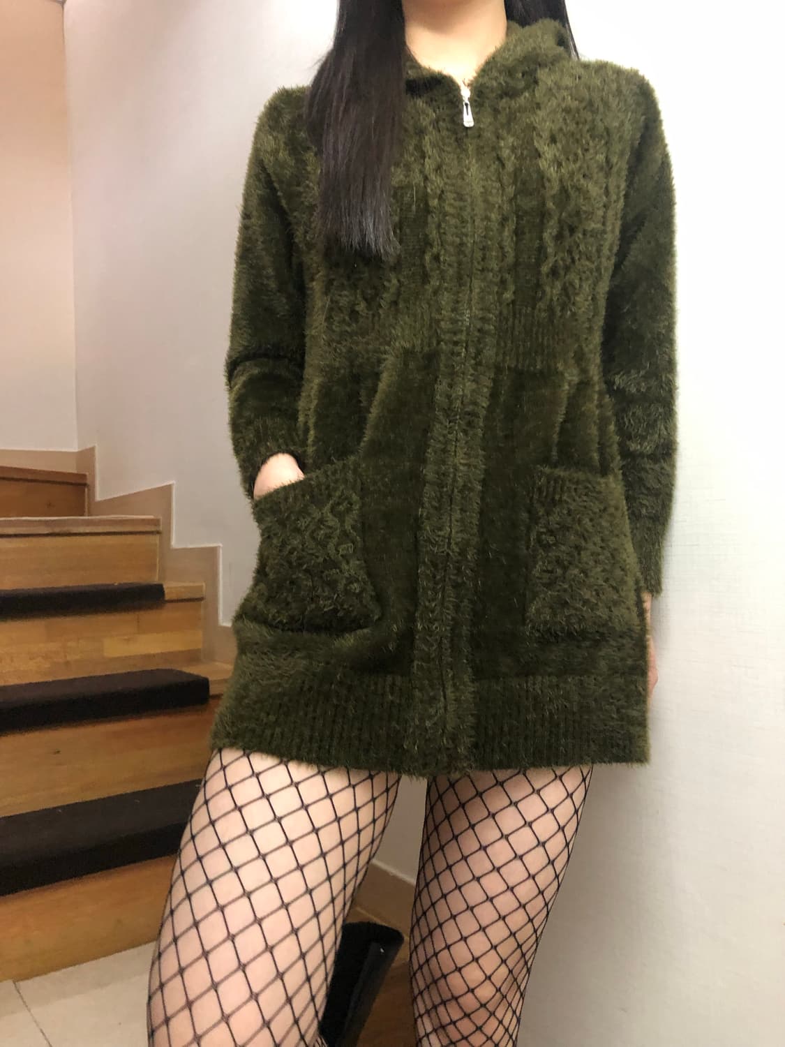 빈티지 후드 카키 롱 집업 상품이미지8