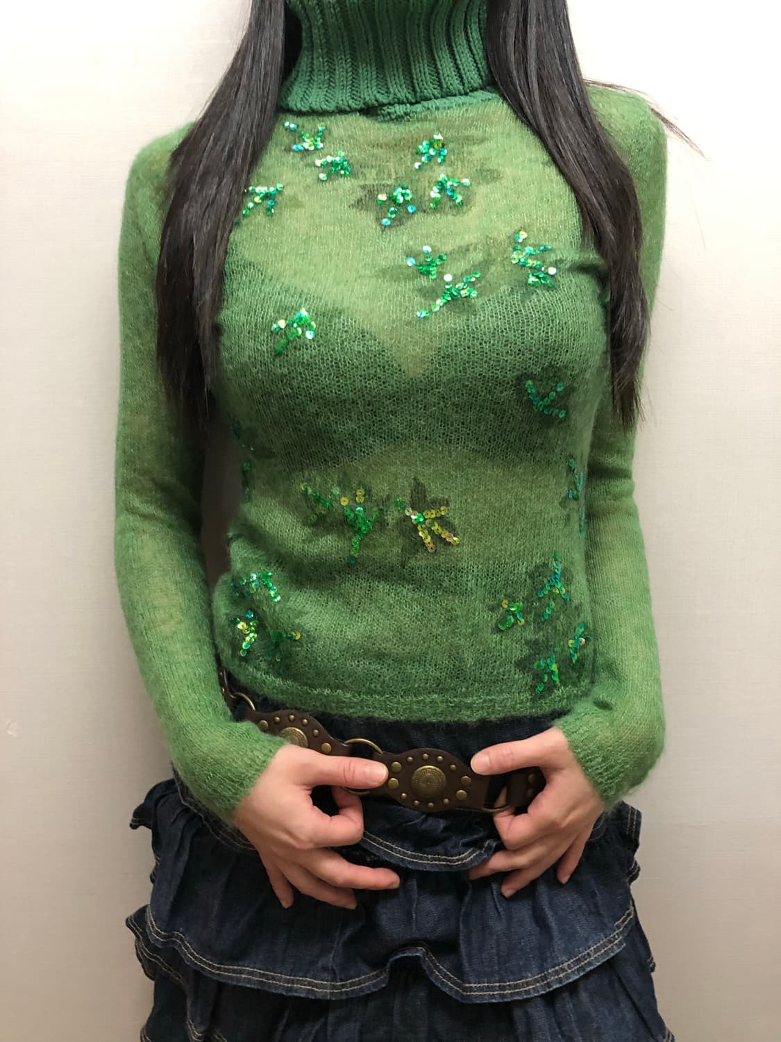 빈티지 그린 스팽글 시스루 니트 상품이미지1