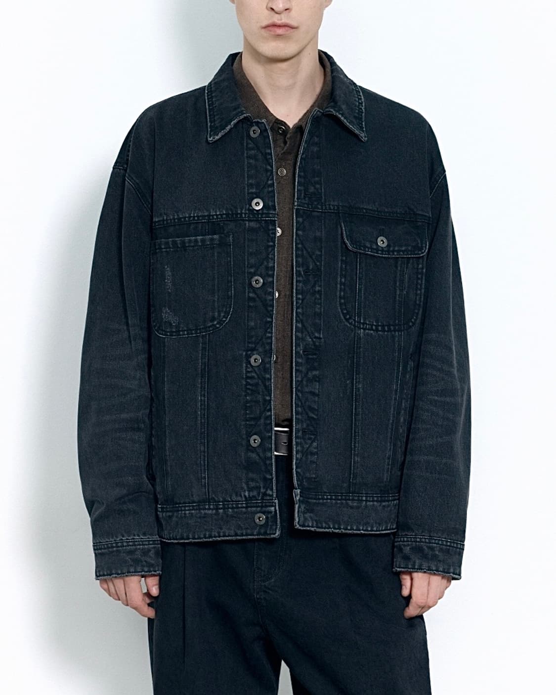 인사일런스 콘트라스트 흑청 데님 트러커 워크 자켓 오버핏 블랙 M 95 상품이미지2