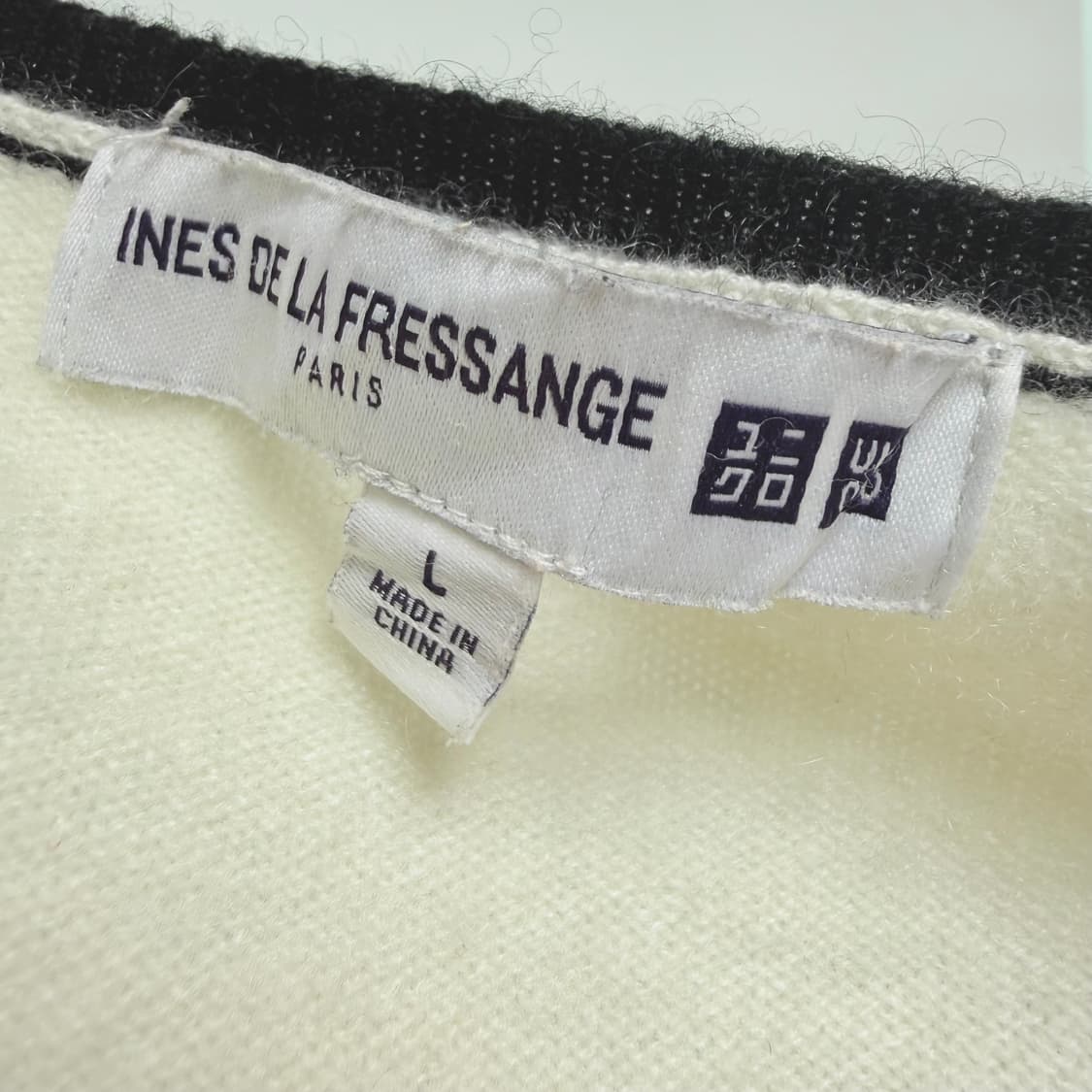 [캐시미어 100%] 유니클로 아이보리 블랙 배색 가디건 L 상품이미지5