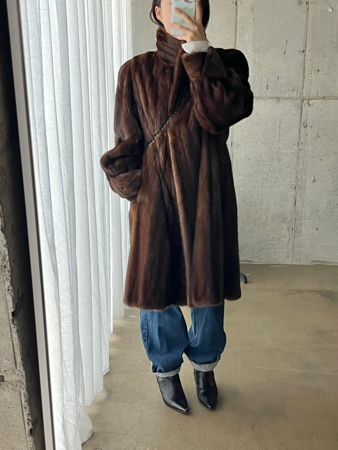 90s Genuine Mink 천연 밍크 롱 코트 마호가니 브라운 상품이미지4