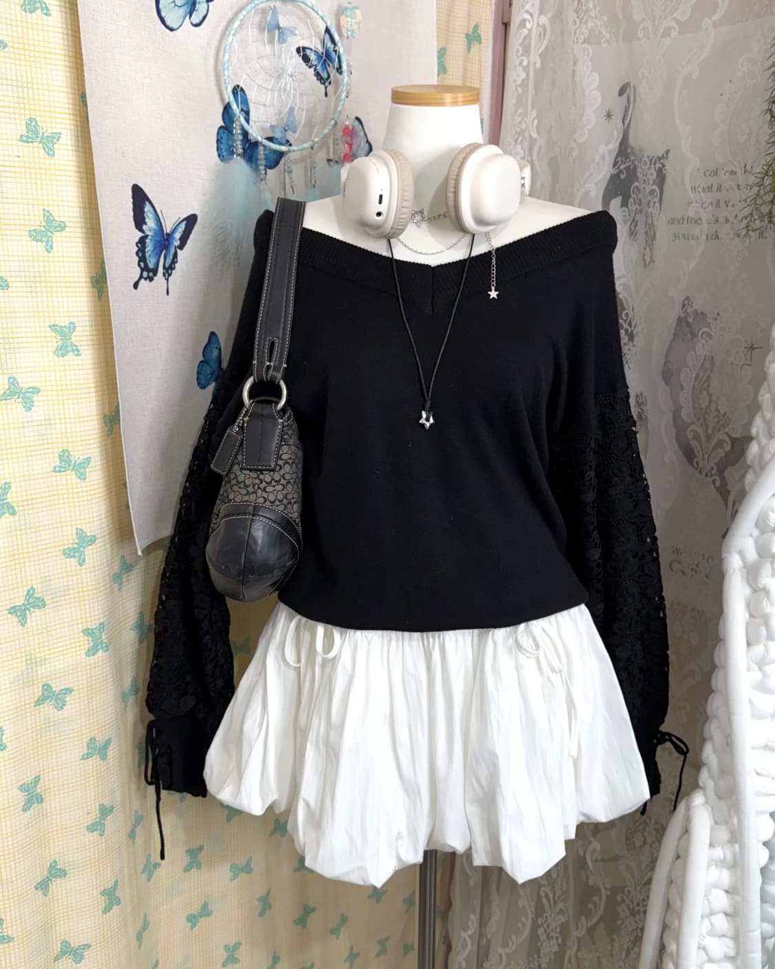 블랙 레이스 오프숄더 니트 상품이미지4