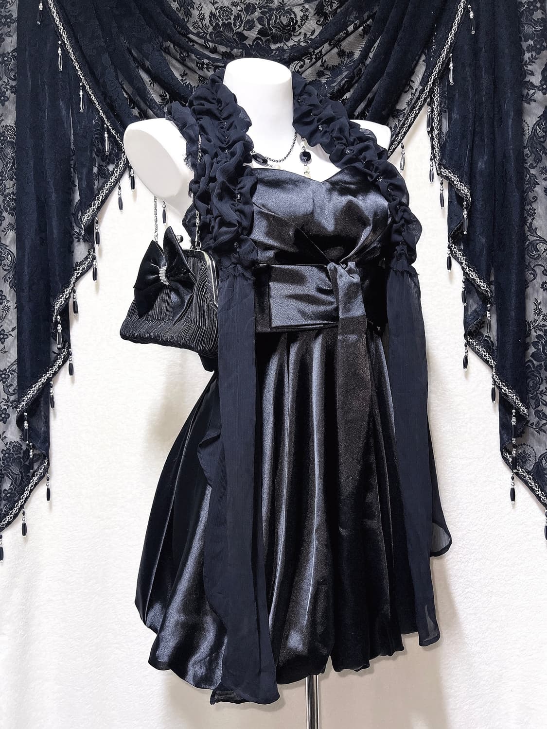 로맨틱고딕 고스로리 히메갸루 블랙 리본 미니드레스 원피스 벌룬 핀터 미사 상품이미지1