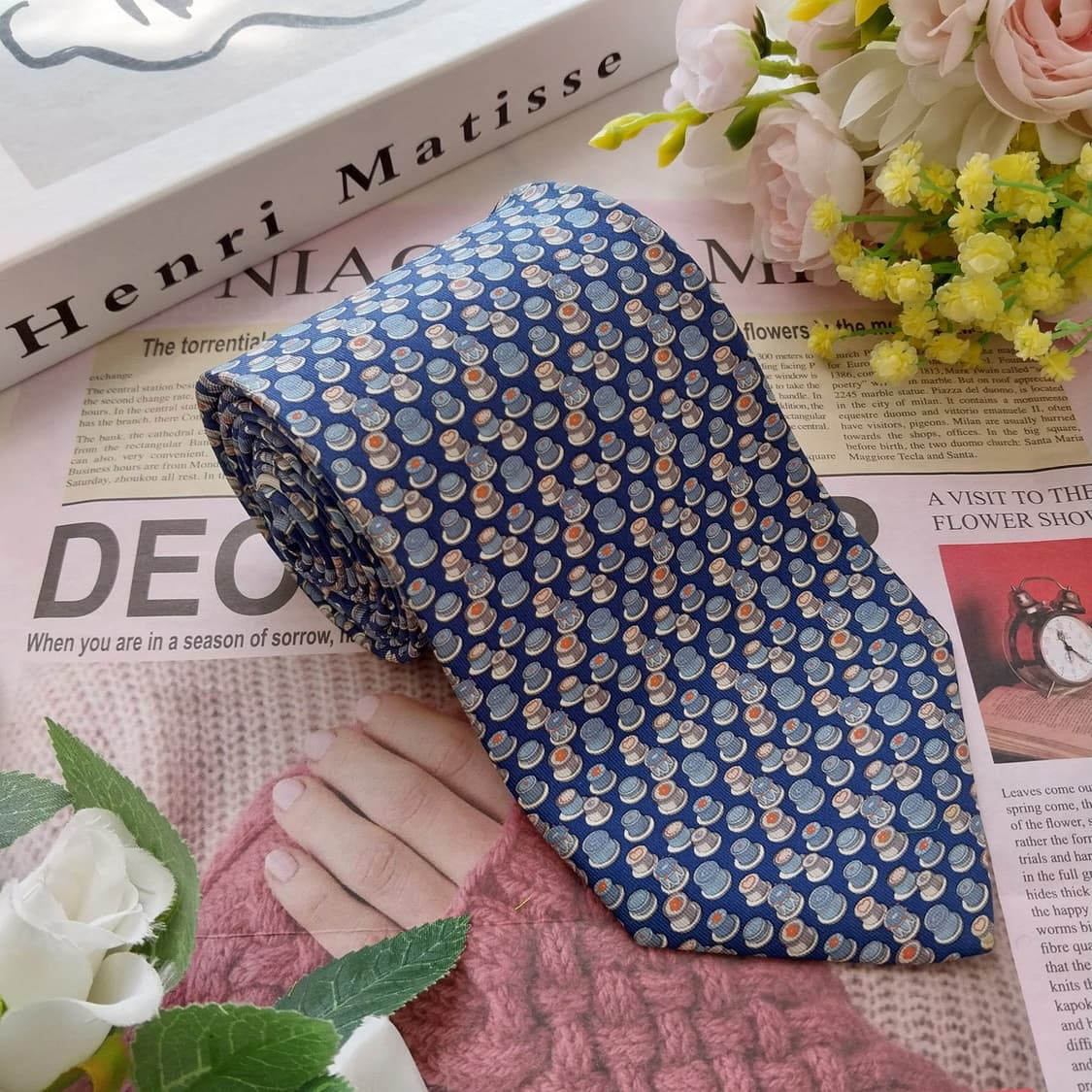 살바토레 페라가모 블루 커피잔 모티브 넥타이 9.2cm B등급 K2584 상품이미지4