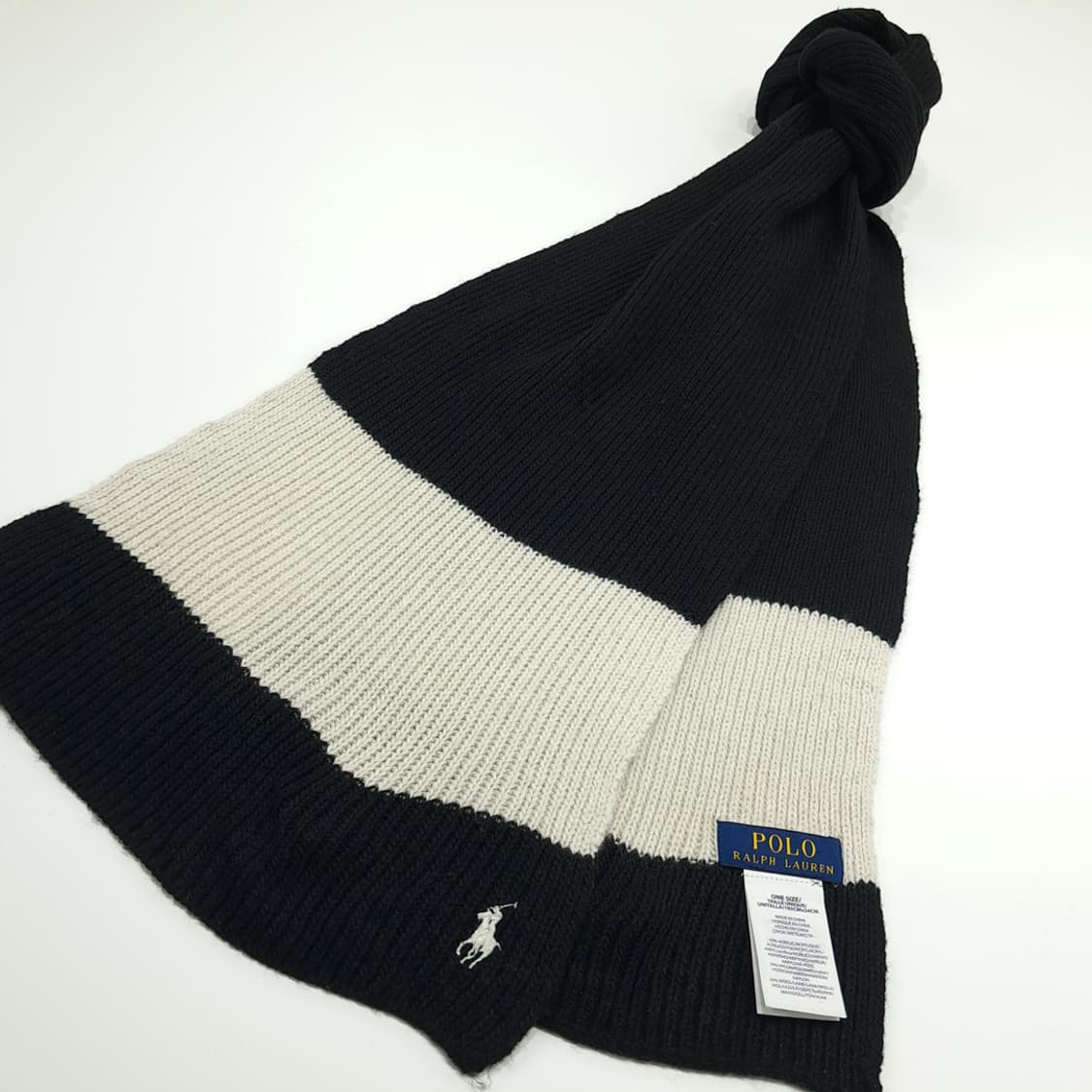 MX293 폴로 랄프로렌 블락 화이트 투톤 울 니트 목도리 머플러 상품이미지3