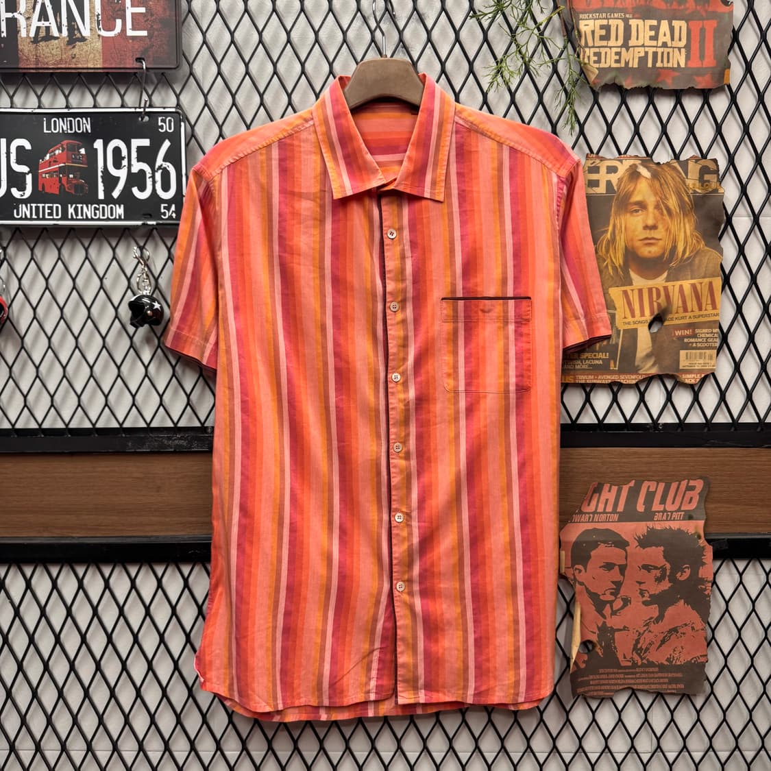 90s 미쏘니 스트라이프 반팔 셔츠 전면 원포켓 포인트 오렌지코랄 상품이미지1