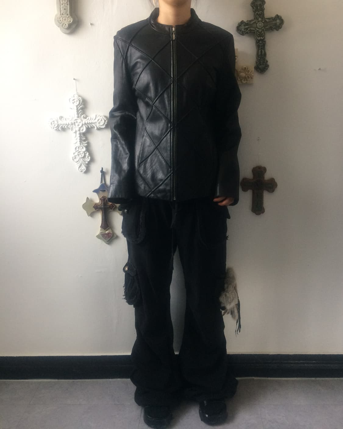 Pattern leather zip up jacket 상품이미지1