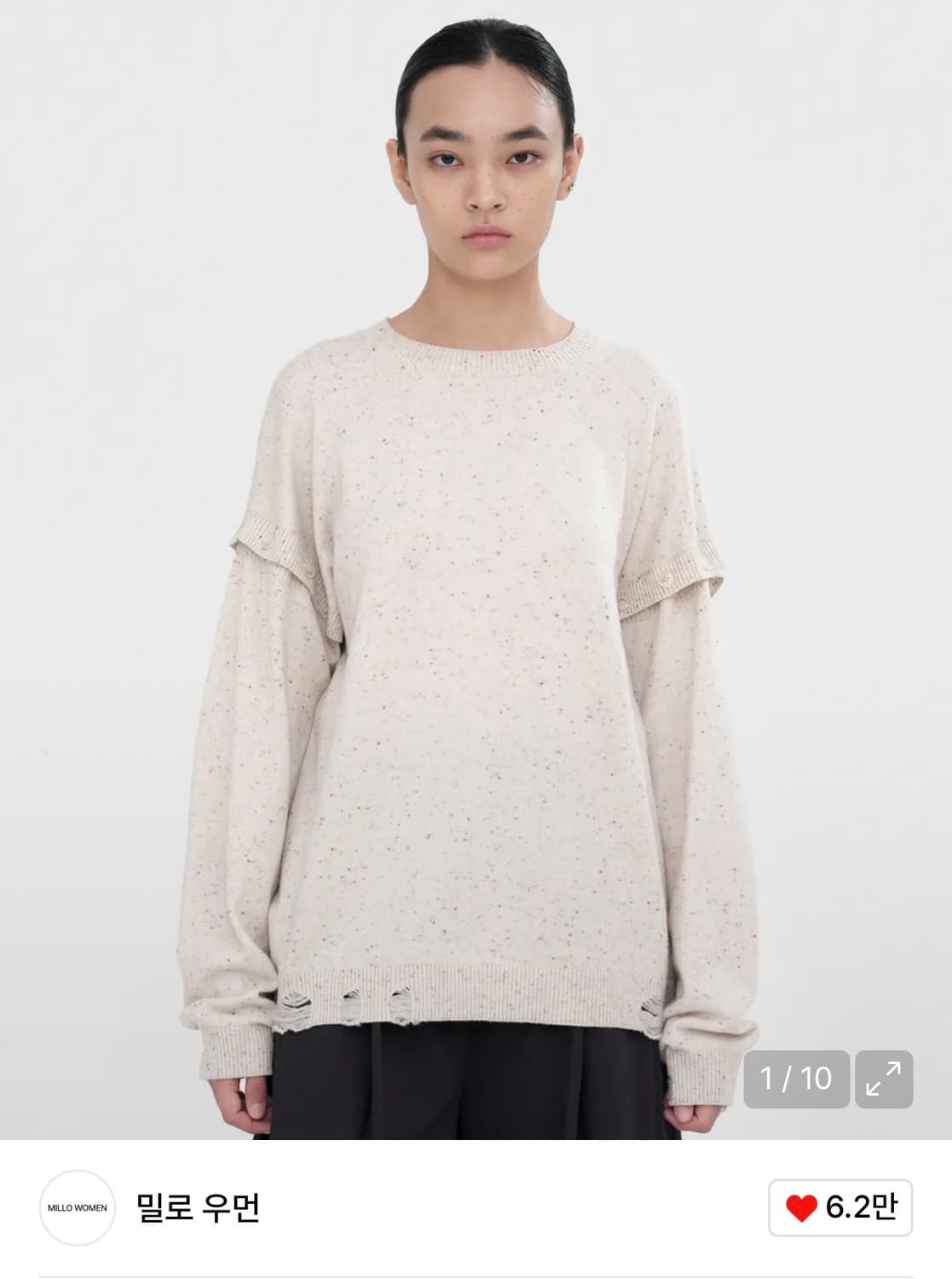 밀로우먼 버튼 데미지 니트 탑 에크루 상품이미지1