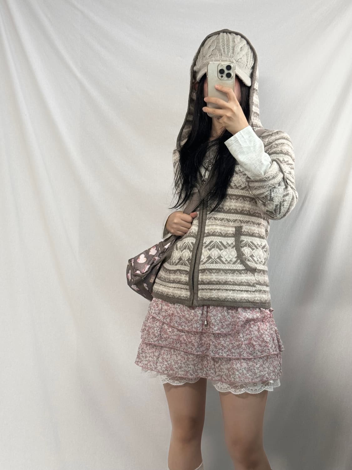 노르딕 패턴 폴딩 슬리브 후디드 니트 집업 상품이미지9