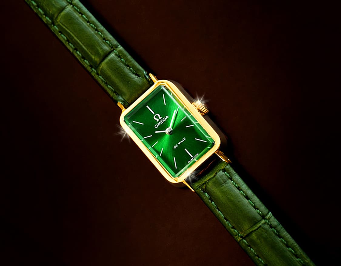 오메가 드빌 희귀 에메랄드 글라스 그린판 여성 수동 가죽 시계 상품이미지4
