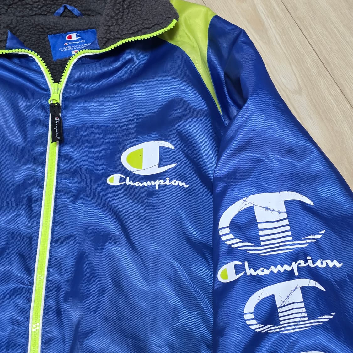 일본빈티지 챔피온)올드스쿨 블루 배생 양털 y2k 퀼팅 바람막이 상품이미지5