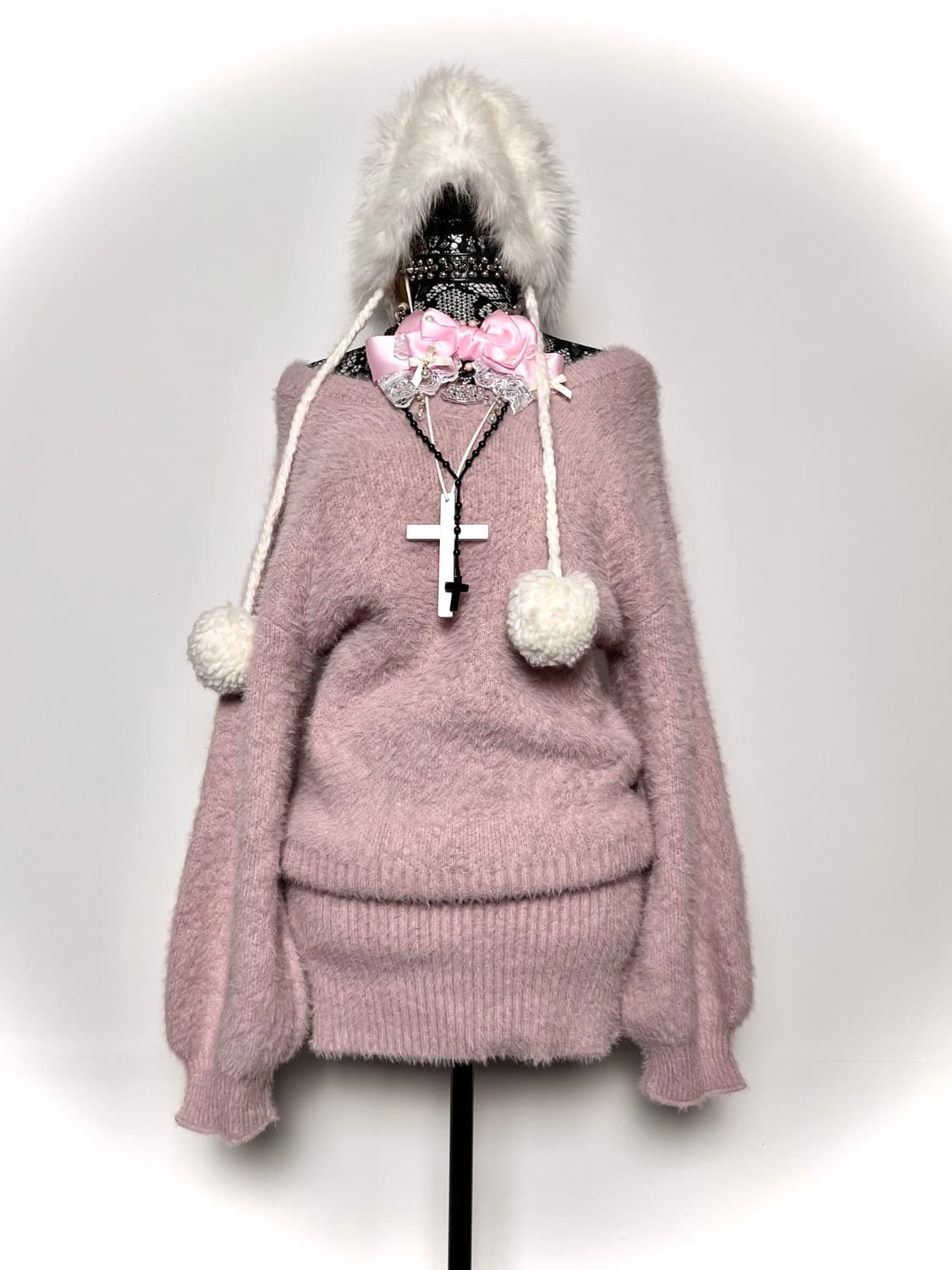 Jpn 핑크 히메갸루 오프숄더 퍼 니트 상품이미지1