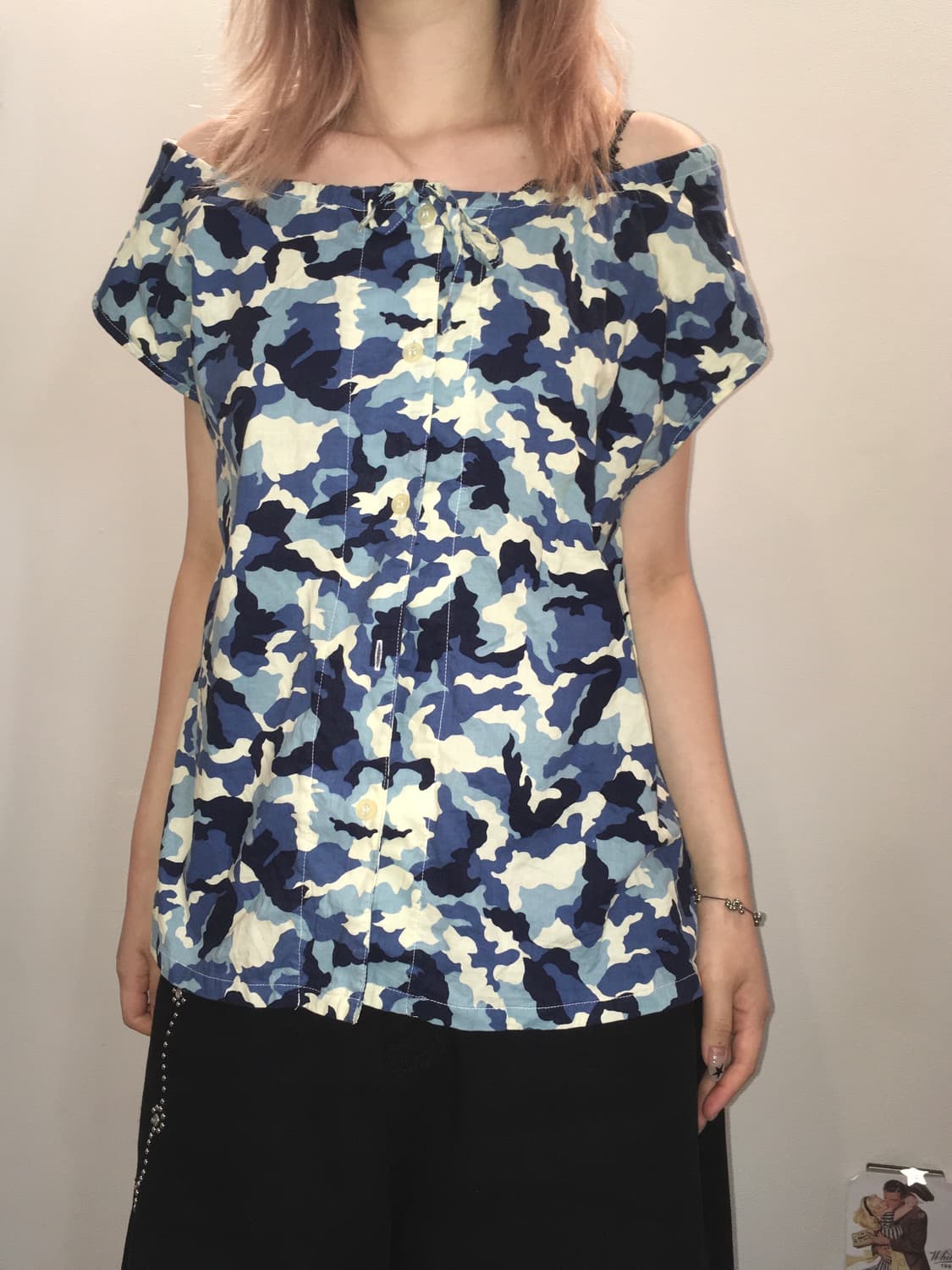 jpn vintage blue camo off shoulder blous 상품이미지3