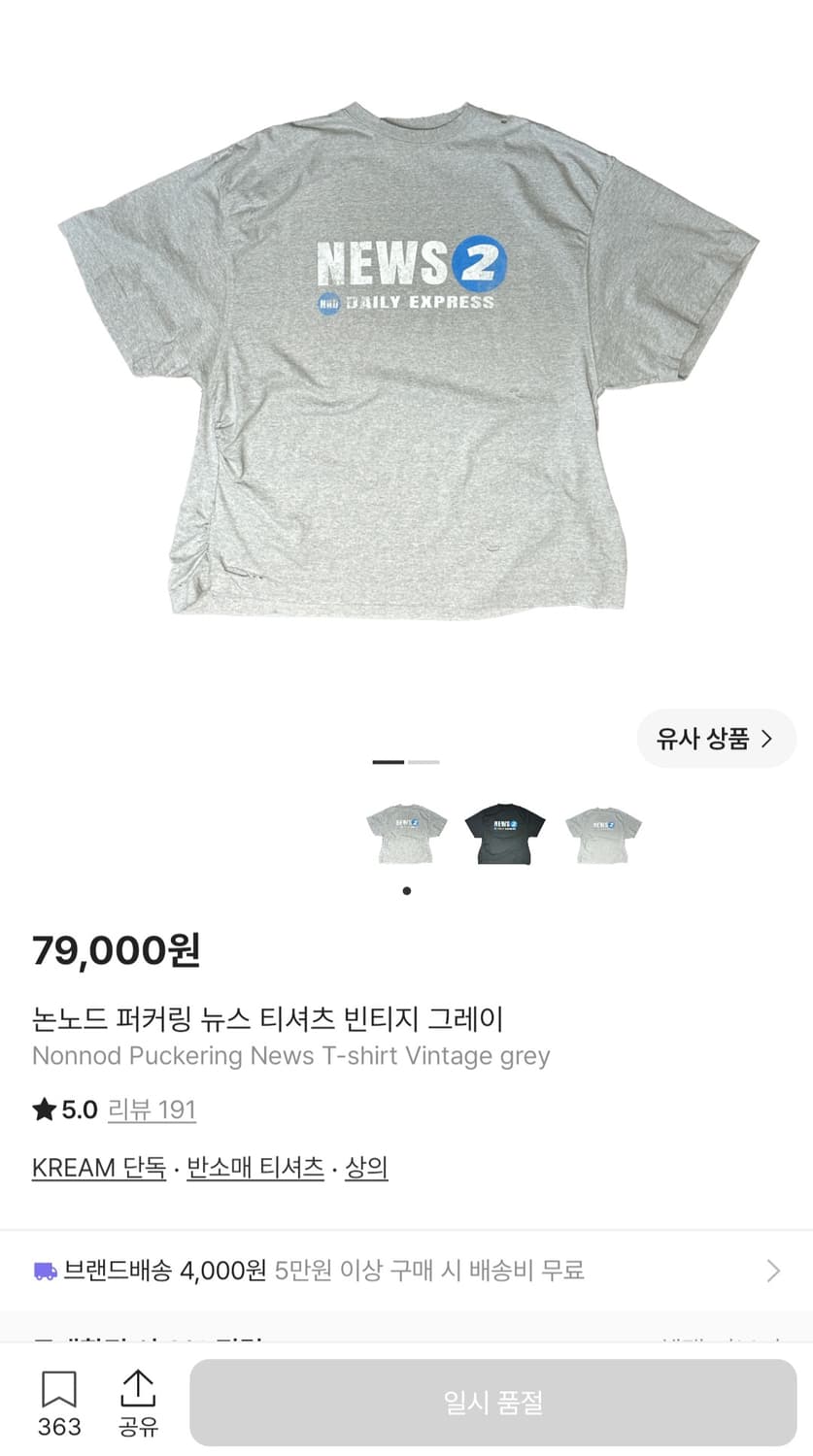 논노드 퍼커링 뉴스 티셔츠 빈티지 그레이 1사이즈 극미중고 상품이미지1