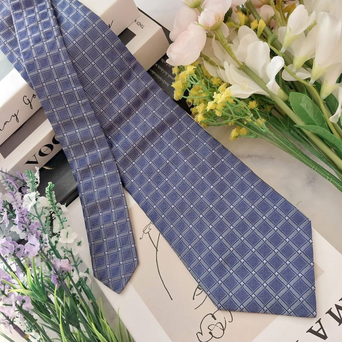 샤를 주르당 실크 퍼플 체크 자카드 넥타이 9.7cm A+등급 K1305 상품이미지2