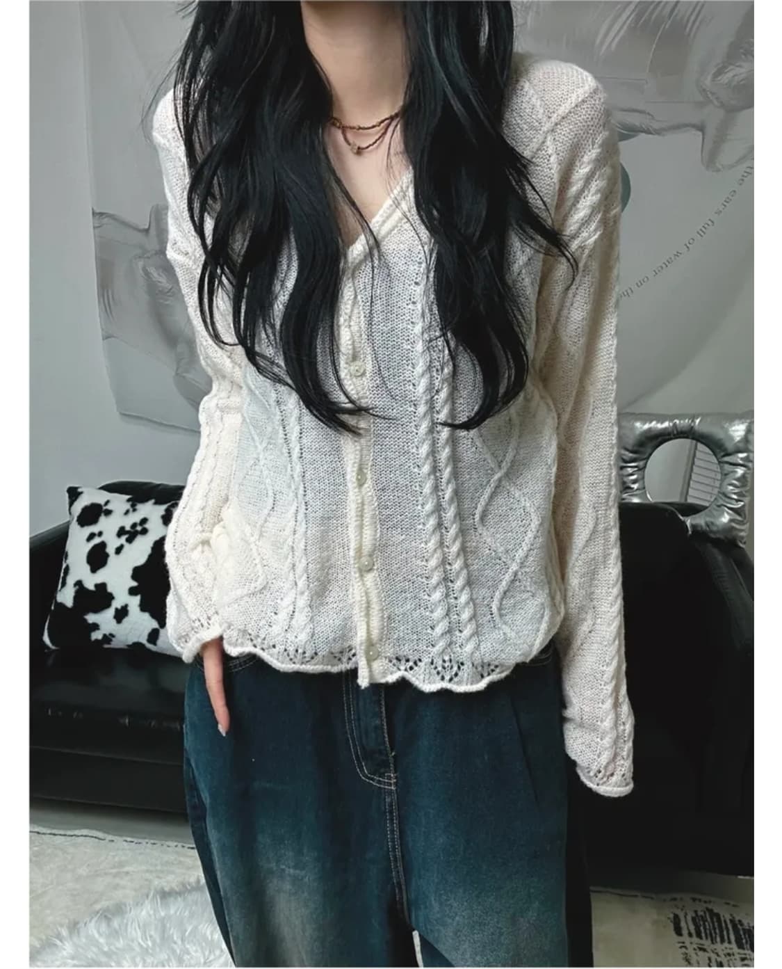 로몬 알파카 브이 꽈배기 펀칭 가디건 아이보리 상품이미지1